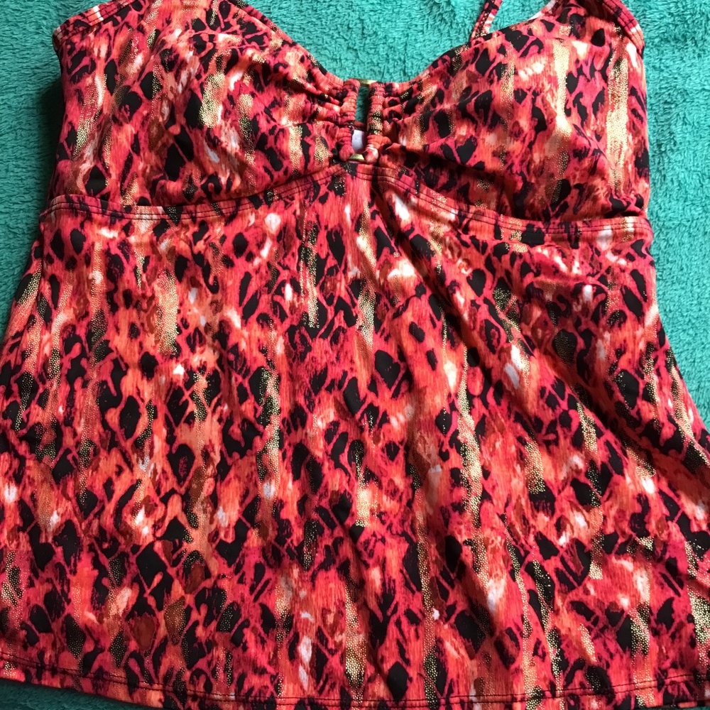 💚3/$25 Jaclyn Smith size 12 orange and black swimsuit tank top with gold hoop